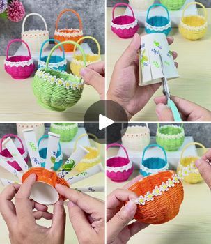 Cute DIY Paper Cup & Wool Mini Basket at Home | basket, Easter basket | How to Make Paper Cup Easter Basket with Yarn :) | By Simple CraftsFacebook Diy Small Basket, Paper Cup Yarn Basket, Paper Cup Basket, Diy Basket Paper, How To Make A Mini Basket, Diy Paper Basket Easy, Basket Making With Paper, Diy Miniature Basket, Mini Easter Basket