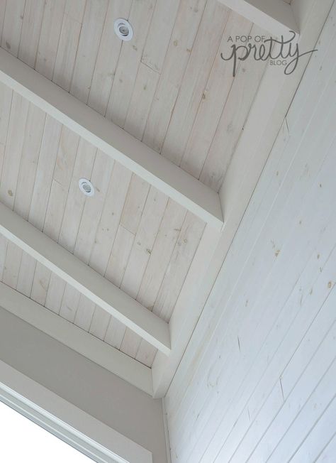 How to White Wash Shiplap: Step by Step Tutorial - A Pop of Pretty Home Decor Ideas Beach House Wood Paneling, White Washed Shiplap Ceiling, White Washed Lvp Flooring, White Wood Walls Living Room, White Washed Cedar Ceiling, Shiplap Ceiling In Bedroom, Coffered Ceiling Shiplap, White Wash Ceiling Planks, White Shiplap Ceiling Living Room