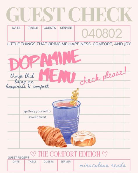 my dopamine menu 💐📖🎀 i’ve seen this trend going around and knew it had to put something together for it🥹💓 there’s A LOT of stuff on my dopamine menu but it was so hard to pick just a few- so many things make me so happy and for that i am extremely lucky🫶🏻✨ -> what things are on your dopamine menu?? 💐💫📖 #bookishpost #bookishaesthetic #readingaesthetic #bookstagrammers #cozyaesthetic #favorites #graphicdesign Dopamine Design, Menu Graphic, 2025 Manifestation, Personal Journal, Instagram Graphics, Cozy Aesthetic, Planner Inspiration, Personalized Journal, Journal Stickers