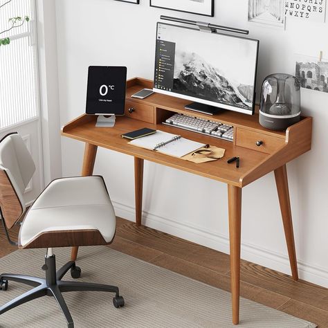 Wood Home Office, Desk With Monitor Stand, Desk With Monitor, Small Computer Desk, Storage Cubby, Mid Century Modern Desk, Wood Computer Desk, Mid Century Desk, Solid Wood Desk