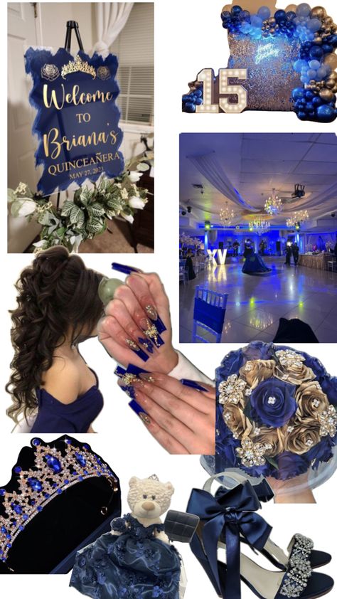 Royal Blue And Gold Aesthetic, Navy Blue And Gold Sweet 16 Theme, Royal Blue 15 Decorations, Dark Blue And Gold Quinceanera Theme, Navy Blue Quince Decorations, Midnight Blue Quince, Quince Dark Blue, Quince Background, Dark Blue Sweet 16