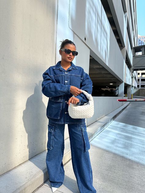 Denim Co Ord Outfit, Denim Om Denim Outfit, Denim And Heels Outfit, Jean Aesthetic Outfit, Double Denim Outfit Women, Full Denim Outfit Women, Denim Over Denim Outfit, Oversized Denim Outfit, Jean On Jean Outfit Denim