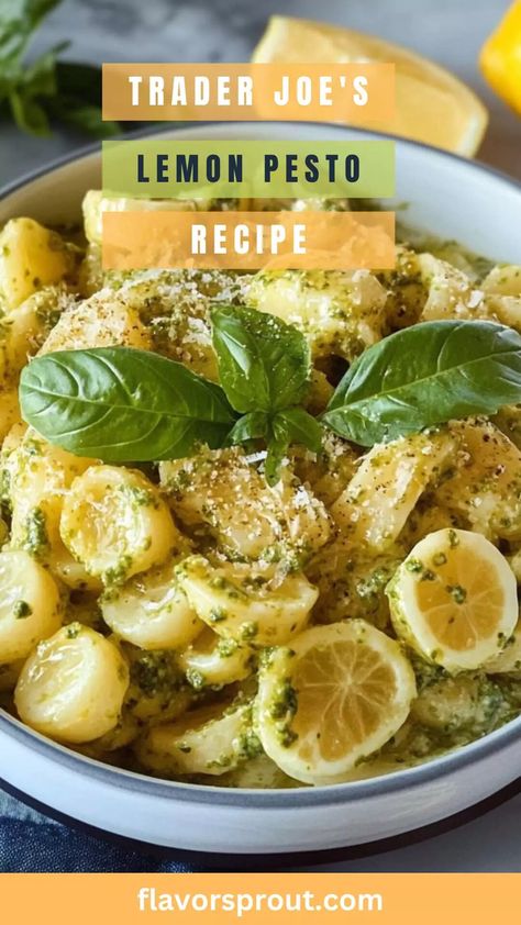 Trader Joe’s Lemon Pesto Recipe – Flavor Sprout Trader Joe’s Lemon Pesto Ideas, Lemon Pesto Trader Joes, Lemon Pasta Salads, Tiny Potato, Pesto Recipes, Pesto Potatoes, Lemon Pesto, Lemon Pasta, Pasta Lover