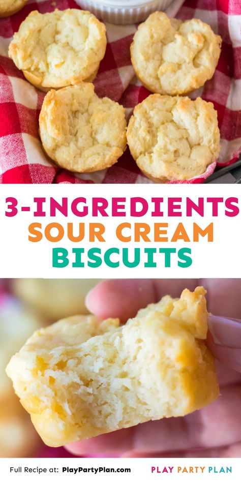 This easy 3 ingredient sour cream biscuit recipe comes together in thirty minutes or less and makes the perfect side dish for any meal. Easy Biscuit Recipe 3 Ingredients, Cream Biscuit Recipe, 3 Ingredient Biscuit Recipe, Quick Biscuit Recipe, Recipes Using Sour Cream, Cream Bread Recipe, Quick Biscuits, Sour Cream Muffins, Sour Cream Biscuits