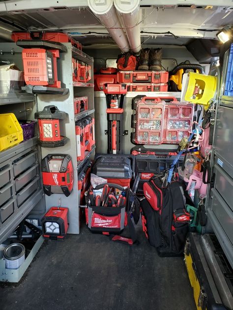 Milwaukee Packout Ideas Van, Service Truck Organization, Electrician Van, Trailer Shelving, Work Truck Organization, Work Truck Storage, Milwaukee Tool Box, Van Organization, Truck Organization