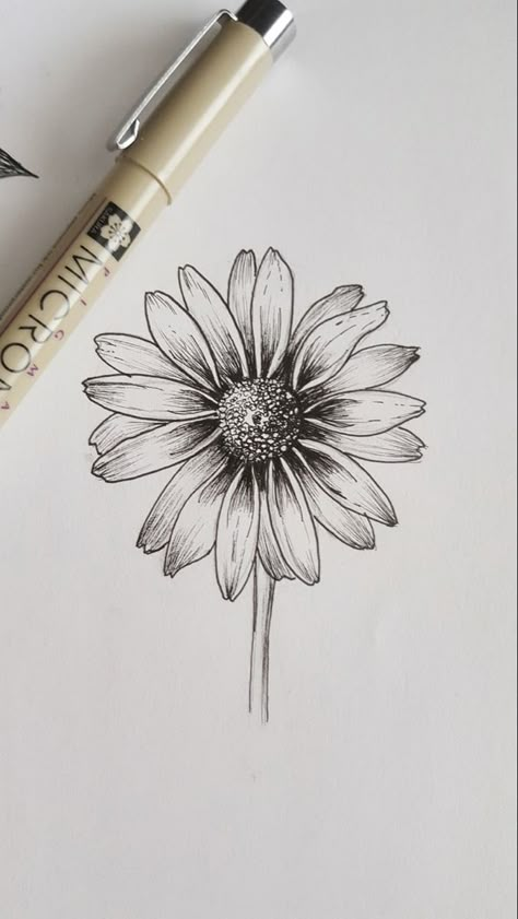 Flower Drawing Fineliner, Pen Flowers Drawing, Fineliner Pen Art, Drawing With Fineliner Pens, Flower Pen Art Simple, Black Fineliner Art, Fineliner Drawing Ideas, Daisy Art Drawing, Fineliner Art Flowers