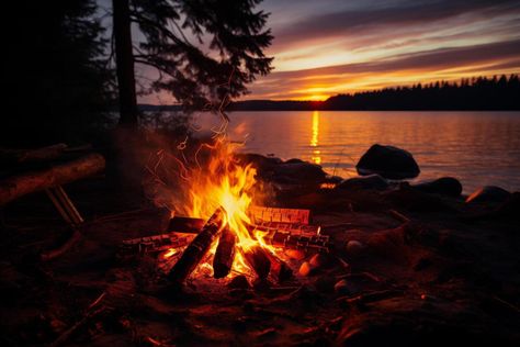 AI generated Bonfire on the shore of a lake at sunset. Camping. Campfire, Royalty Free Stock Photos, For Free, Camping, Lake, Stock Photos