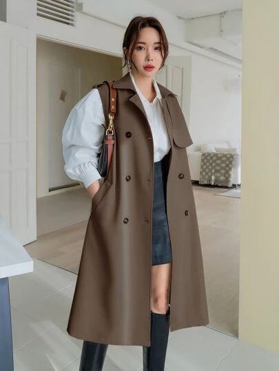 Trench Vest Outfit, Sleeveless Trench Coat Outfits, Sleeveless Coat Outfit, Sleevless Coat, Coat Outfits For Women, Brown Coat Outfit, Sleeveless Trench Coat, Trench Vest, Plain Vest