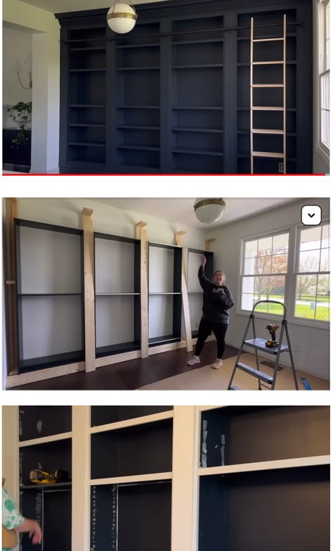 Library Billy Ikea, Diy Bookshelf Ikea Hacks, Ikea Bookshelf Built In, Diy Built In Library Wall, How To Make Bookshelves Look Built In, Ikea Bookcase Built In Hack, Home Library Diy Built In Bookcase, Billy Ikea Built In, Bookshelves In Office Room