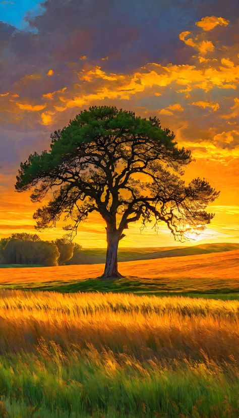 A lone tree standing tall in the middle of a vast field, its branches reaching out towards the sky. The painting captures the serenity and beauty of nature, with the tree serving as a symbol of resilience and strength. The colors blend seamlessly, creating a peaceful and harmonious atmosphere. It evokes a sense of solitude and contemplation, inviting the viewer to pause and reflect on the wonders of the natural world. Nature, Sun Drawing, Spring Scene, Canvas Art Projects, Landscape Painting Tutorial, Lighthouse Painting, Single Tree, Lone Tree, Majestic Mountains