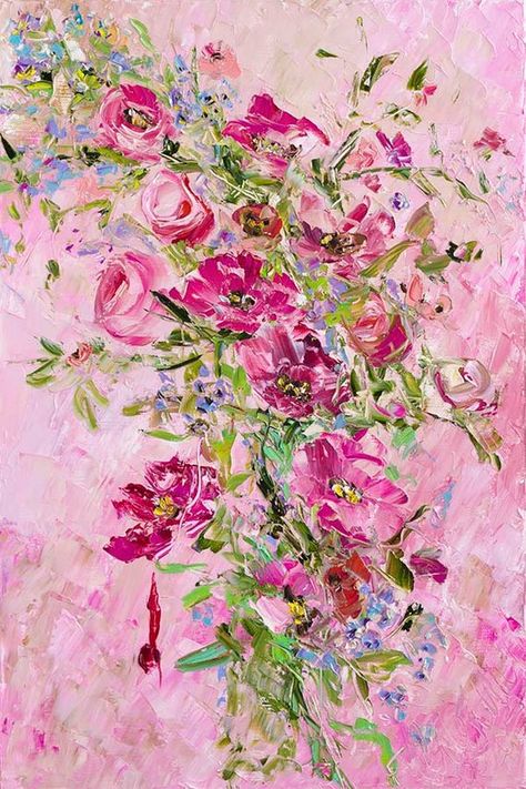 Elegant Paintings, Impasto Flowers, Paintings Flowers, Bohemian Painting, Oil Paintings On Canvas, Pink Inspiration, Canvas For Beginners, Oil Painting Texture, Abstract Flower Painting