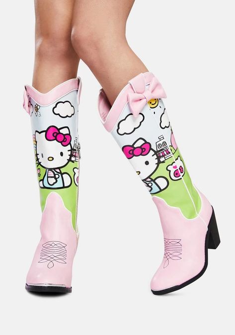 dollskill (ew but these are cute) hello kitty sanrio collab cowboy cowgirl boots cutecore aesthetic Hello Kitty Cowgirl, Hello Kitty Boots, Hello Kitty Rainbow, Shoes Graphic, Platforms Shoes, Volatile Shoes, Pastel Kawaii, Metallic Boots, Hello Kitty Backgrounds