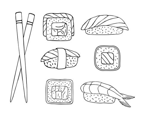 Sushi Drawing Black And White, Sushi Sketch Drawings, Simple Sushi Drawing, Sushi Line Art, How To Draw Sushi, Sushi Art Drawing, Sushi Drawing Easy, Sushi Roll Tattoo, Sushi Drawings