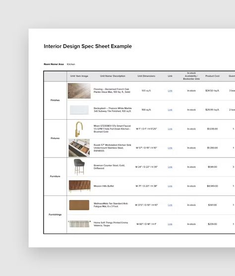 Interior Design Spec Sheet Free Template + Guide | Houzz Pro Interior Design Shopping List Template, Interior Design Printables, Material Specification Interior Design, Interior Design Specification Sheet, Material Selection Interior Design, Product Spec Sheet, Interior Design Budget Template, Interior Design Price List, Architecture Sheet Template