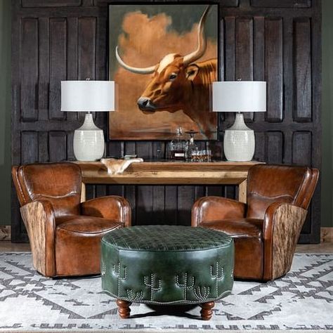 Adobe Interiors Furniture (@adobe.interiors) • Instagram photos and videos Western Office Decor, Round Leather Ottoman, Bar Lounge Room, Adobe Interior, Cowhide Furniture, Western Interior, Desert Cactus, Leather Bed, Southwestern Decorating