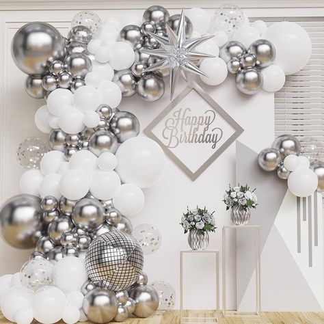 PRICES MAY VARY. [White And Silver Balloons Garland Arch Kit]The white and silver disco ball balloon arch garland kit is perfect for New Year’s Eve 2024, teenagers birthday, DISCO party, anniversary, baby shower partys. Whether you're planning a small gathering or a large event, our balloon arch kit will instantly transform any room into a lively and energetic atmosphere. 【Premium Value Pack】The white and silver balloon arch kit includes 134pcs latex balloons, 1pcs 4D disco ball balloons, 1pcs s White Party Decorations Elegant, White And Silver Quinceanera Theme, Birthday Silver Decoration, Silver And White Birthday Party Decor, All White Birthday Party Ideas, White And Silver Balloon Arch, Disco Glam Party Decorations, Silver Decorations Party, All White Party Decorations