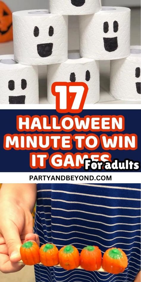 Elevate your Halloween party with 17 spooky Minute to Win It games for adults! These eerie and exciting challenges are perfect for adding a thrilling twist to your celebration. From creepy tasks to haunted races, these games will keep your guests engaged and entertained throughout the night. Get ready for a Halloween full of spine-tingling fun and friendly competition! #MinuteToWinIt #HalloweenGames #SpookyFun #AdultParty #Halloween2024 Halloween Party For Families, Classic Halloween Party Games, Halloween Party Ideas Family Friendly, Interactive Halloween Games, Halloween Senior Activities, October Activity Days Ideas, Halloween Party Ideas For Kids Games, Halloween Games For Seniors, Halloween Party Kids Games