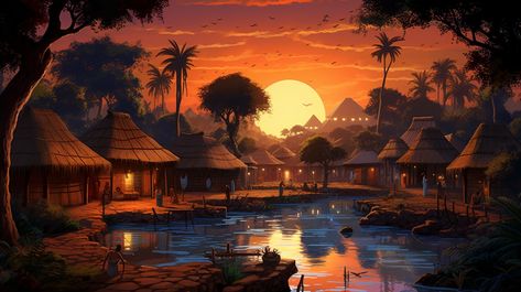 African Village Concept Art, African Fantasy Art Landscape, African Village Aesthetic, Nairobi Aesthetic, Dessert Village, African Village, Game Background Art, Africa Art Design, Fantasy Village