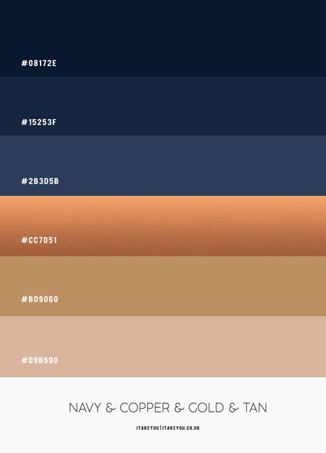 Navy Blue Bedroom with Copper, Gold and Tan accent Colours Colours With Navy Blue, Color Accent Interior, Navy Blue And Mustard Color Palette, Navy Gold Colour Palette, Blue Gold Bedroom Decor, Navy Gold Bedroom Ideas, Tan Bedroom Colors, White Wood Blue Color Palette, Mood Board For Bedroom Color Palettes