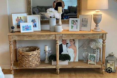 Console Table Styling With Picture Frames, Picture Frames Console Table, Entry Table Decor Picture Frames, Entry Way Table With Picture Frames, Console Table Photo Frames, Table With Photos Decor Ideas, Entry Table With Picture Frames, Console Table With Family Photos, Console Table Decorating With Pictures