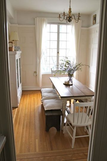 Dining room. Love the panelling w/room for color/decor before the ceiling. Idea for our nook/dining area. Space Saving Dining Room, Narrow Dining Tables, House Palette, Wall Bench, Gray House, Dinner Room, Table Wall, Dining Room Small, Farmhouse Dining Room