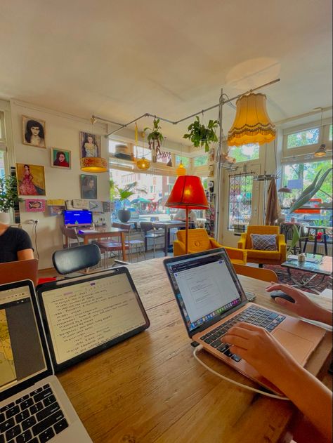 Cafe Meeting Aesthetic, Cafe Working Aesthetic, Summer Cafe Aesthetic, Amsterdam Cafe Aesthetic, Internet Cafe Aesthetic, Cafe Studying Aesthetic, Working In A Cafe Aesthetic, Summer Study Aesthetic, Coffee Shop Studying Aesthetic