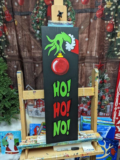 Grinches Lair Decorations, Diy Painted Christmas Signs, Diy Grinch Porch Sign, Xmas Signs On Wood, Christmas Door Leaner Signs, Door Leaner Signs Diy, Grinch Christmas Crafts Diy, The Grinch Signs Diy, Grinch Porch Sign Diy