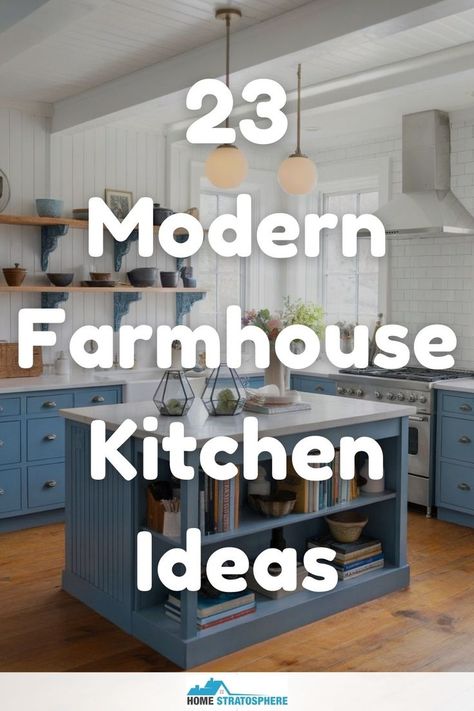 A farmhouse kitchen with light blue cabinets, open shelving, and wooden countertops to combine modern design with rustic charm. Kitchen Remodel Farmhouse Modern, Modern Farmhouse Kitchen Remodel Ideas, Modern Farmhouse Kitchen Island Ideas, Country Kitchen Modern, Shiplap In Kitchen Farmhouse Style, Country Modern Kitchen Farmhouse Style, 2024 Farmhouse Kitchen, Farm Modern Kitchen, Farmhouse Kitchens 2024