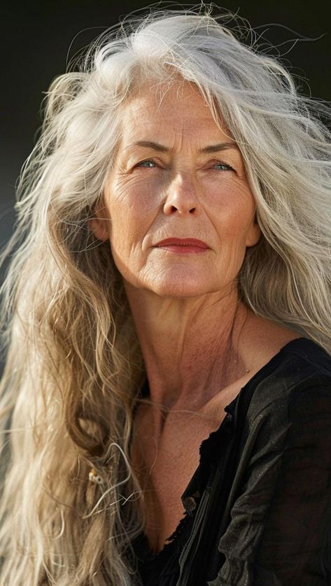 We tend to associate old(er) people with grey hair and while many of them are rocking the wise wizard look, others opt for something a little more... colorful. Long White Hairstyle, Grey Long Hair Older Women, Long Silver Hair Older Women, Long Hair Older Women Over 50 Style, Long Grey Hair Over 50, Hairstyles For Older Women Over 50, Long Hair Over 60 Aging Gracefully, Long Hair Over 50 Older Women, Long Hair Older Women