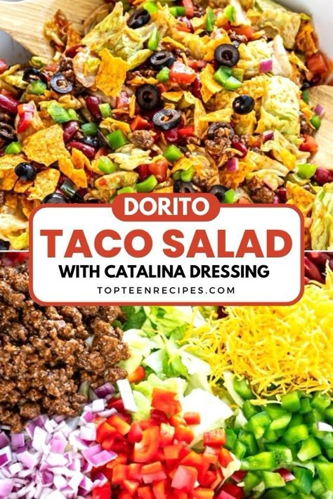 Salad For Potluck, Recipe With Doritos, Taco Salad With Catalina Dressing, Doritos Recipes, Doritos Taco Salad, Dorito Taco Salad, Seafood Paella Recipe, Dorito Taco, Easy Taco Salad Recipe