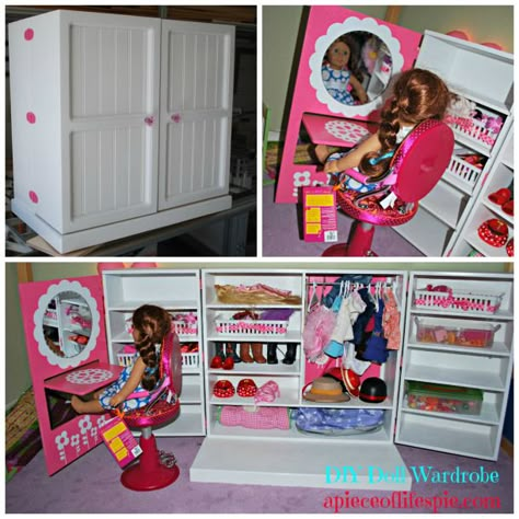 Instead of using the vanity just the Wardrobe saying about all types of Barbie stuff and keep it organized so its not cluttered American Girl House, American Girl Furniture, Doll Storage, American Girl Doll House, American Girl Diy, Girls Dollhouse, American Girl Doll Diy, Doll Closet, American Girl Doll Crafts