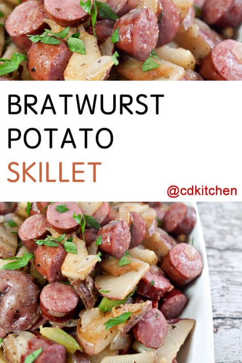 Bratwurst Potato Skillet - Sliced red potatoes and bratwurst are cooked in a skillet and coated with a soy sauce-orange juice glaze before serving. | CDKitchen.com Bratwurst Dinner, Brats Recipes, Bratwurst Recipes, Potato Skillet, Skillet Potatoes, Sausage Dishes, Pork Dinner, Skillet Meals, Pork Dishes