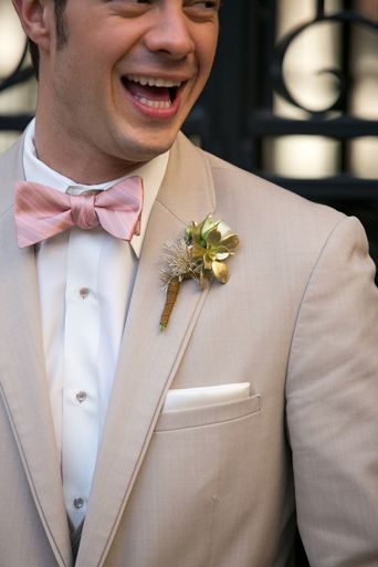 Beige And Rose Gold Wedding, Tan And Pink Suit Men, Beige Suit Black Bow Tie, Beige Suit With Pink Tie, Tan And Pink Tuxedo Wedding, Tan Suit With Pink Tie, Tan Suit Pink Shirt, Tan And Pink Groomsmen Suits, Beige Suit Pink Tie