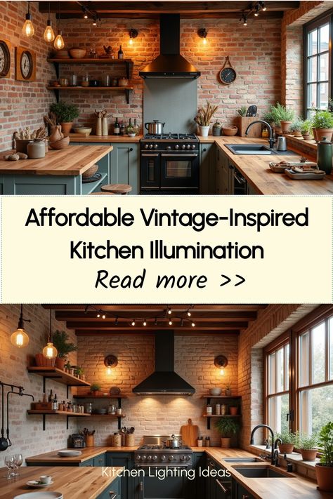 Vintage industrial lighting in rustic kitchen setting Country Kitchen Lighting Ideas, Apartment Kitchen Lighting, Over Kitchen Sink Light, Kitchen Light Ideas, Country Kitchen Lighting, Kitchen Sink Lighting, Over Kitchen Sink, Vintage Inspired Kitchen, Affordable Lighting