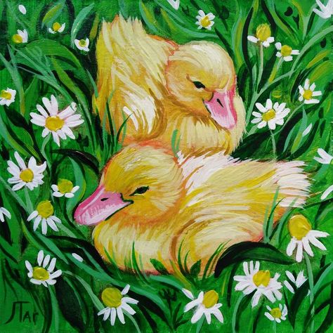 Print Ducklings Acrylic painting Size: 1) ACEO 3.5 x 3.5 inches (9 cm) 2) 6 x 6 inches (15cm) Daisy Landscape, Summer Camp Art, Floral Art Paintings, Chamomile Flower, Daisy Art, Duck Art, Daisy Painting, Cute Duck, Cute Paintings