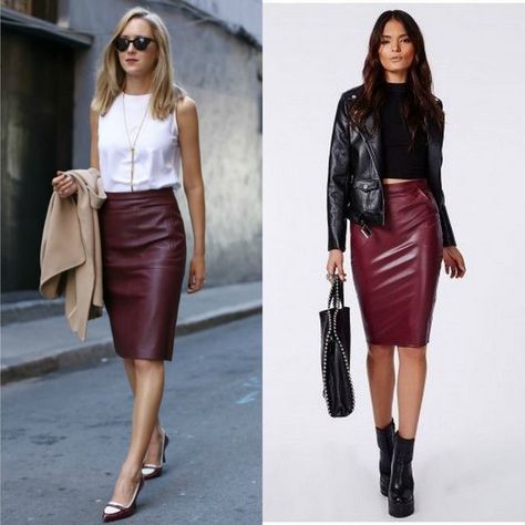 Black Leather Pencil Skirt Outfit, Black Leather Skirt Outfits, Leather Pencil Skirt Outfit, Brown Skirt Outfit, Red Leather Skirt, Black Leather Pencil Skirt, Leather Skirt Outfit, Burgundy Skirt, Pencil Skirt Outfits