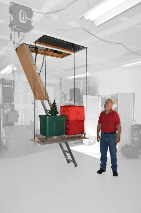 Attic Elevators 3 Things to Consider - Spacelift Products Finishing Attic, Attic Elevator, Garage Attic Lift, Garage Hoist, Garage Attic Storage, Diy Garage Door Makeover, Attic Lift, Garage Stairs, Seasonal Storage