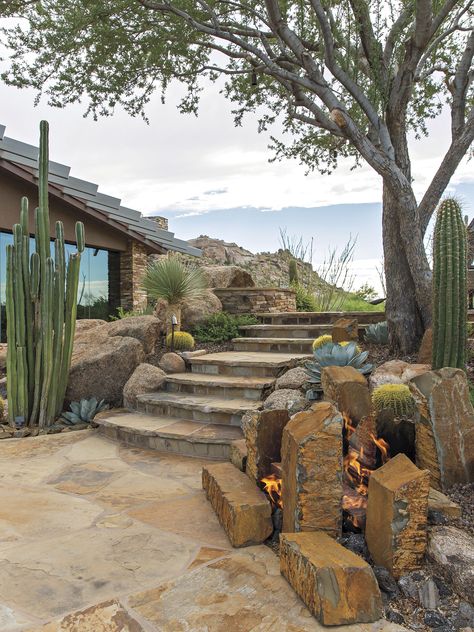 Desert Oasis Aesthetic Home, Desert Ranch House, Desert Oasis Home, Tiered Landscaping, Arizona Garden, Cactus Landscape, Rock Path, Sunken Fire Pits, Arizona Gardening