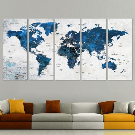 Living Room Decor Ideas Navy Blue, World Map Wall Decor Office, Map Office Decor, Wall Maps Decor, World Map Decor Living Room, Travel Office Decor, Navy Blue Home Office, World Map Framed Wall Art, Travel Room Decor