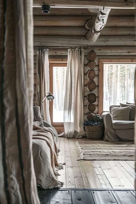 Log Cabin Window Ideas - Enhancing Your Cozy Retreat - Melanie Jade Design Log Home Window Treatments, Log House Window Treatments, Log Cabin Window Treatments Ideas, Cabin Curtain Ideas, Log Cabin Curtains, Rustic Curtain Ideas, Cabin Window Treatments, Modern Skylights, Bedroom Window Design