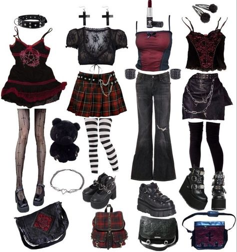 Black And Red Clothing Aesthetic, Outfit Ideas Goth Aesthetic, Dark Love Core Outfits, Red Gothic Clothes, Aesthetic Goth Clothes, Red Hair Goth Aesthetic, Valentines Day Goth Outfit, Punk Gothic Outfits, Cute Goth Outfits Aesthetic