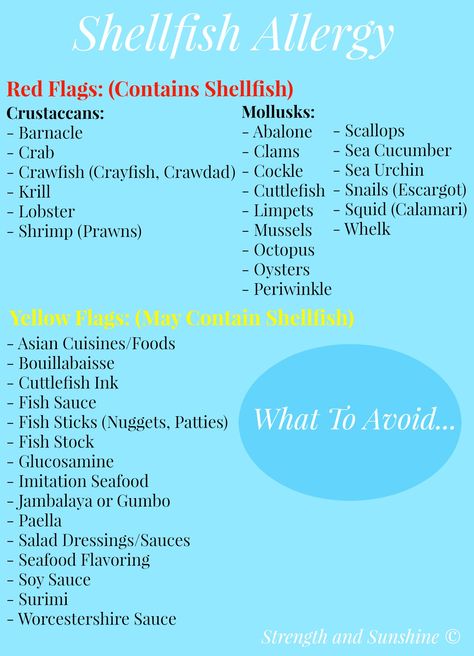 What To Avoid With A Shellfish Allergy | Strength and Sunshine @RebeccaGF666 The most common Top 8 food allergy in adults and can cause severe anaphylaxis and life threatening reactions. Here is a list of what food and ingredients to look for and avoid with a shellfish allergy. Fish Allergy, Shellfish Allergy, Allergy Recipes, Food Allergies Awareness, Allergy Awareness, Allergy Asthma, Food Intolerance, Elimination Diet, Food Allergy