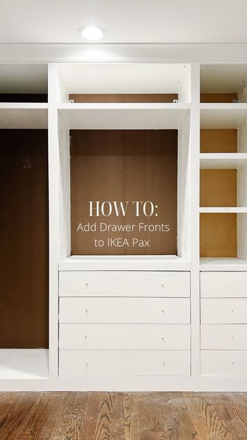 Lisa | Functional DIY & Design on Instagram: "So many people asked about the drawer part of this IKEA Pax hack. This was the easiest method I could figure out! 1️⃣ MEASURE: I measured the size of the opening, took off 1/8” for each gap (all around edges and in between each drawer) and divided the height by the number of panels. For me, this worked out to be the exact width of the 1x8 board! (Tip: I added a 3/4” piece of trim at the very bottom to close the gap… without this, the panels weren’t Ikea Pax Bookcase Hack, Ikea Pax Open Wardrobe, Ikea Closet Drawers Hack, How To Make Ikea Pax Look Built In, Bedroom Dresser Built Ins, Pax Drawer Hack, Pax Dresser Hack, Ikea Pax Closet 79, Pax Drawer Fronts