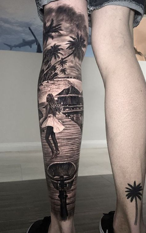 340+ Beach Tattoo Designs (2023) - TattoosBoyGirl Beach Tattoo Sleeve, Florida Tattoo Ideas For Men, Tattoo Ideas On Leg, Strand Tattoo, Tattoo Pierna Hombre, Niece Tattoo, Beach Inspired Tattoos, Beach Tattoo Ideas, Big Tattoos