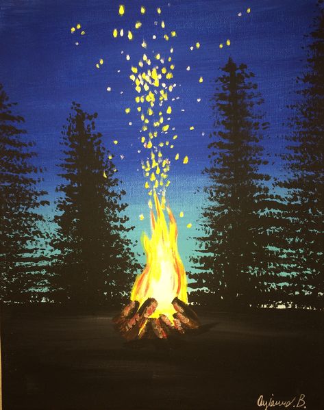 Camping Painting Acrylic, Hiking Painting Easy, Campfire Painting Easy, Fire Pit Painting, Camp Painting Ideas, Camping Canvas Painting Ideas, Camping Painting Ideas, Camping Painting Easy, Outdoor Painting Ideas