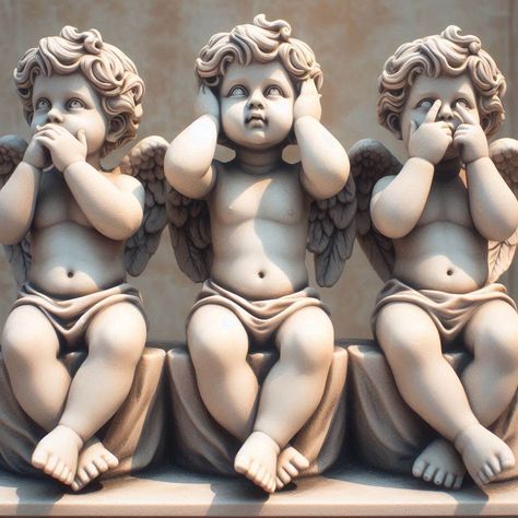 Cherubs Tattoo Designs, Hear No Evil Speak No Evil See No Evil, Cherub Tattoo Designs, Angel Sculpture Art, Baby Angel Tattoo, Heaven Tattoos, Cherub Sculpture, Cherub Tattoo, Filigree Tattoo