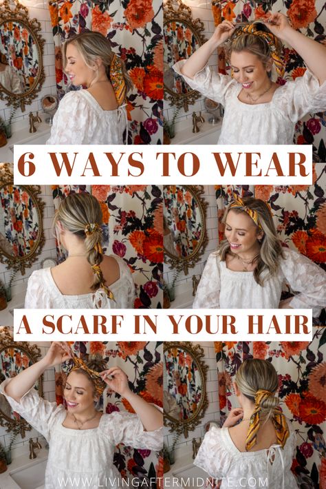 6 Ways to Wear a Scarf in Your Hair - living after midnite Summer Hair Tutorials, Scarf Updo, How To Fold Scarf, Hair Scarf Tutorial, Scarf Wearing Styles, Twisted Scarf, Wearing A Scarf, Wear A Scarf, Braided Scarf