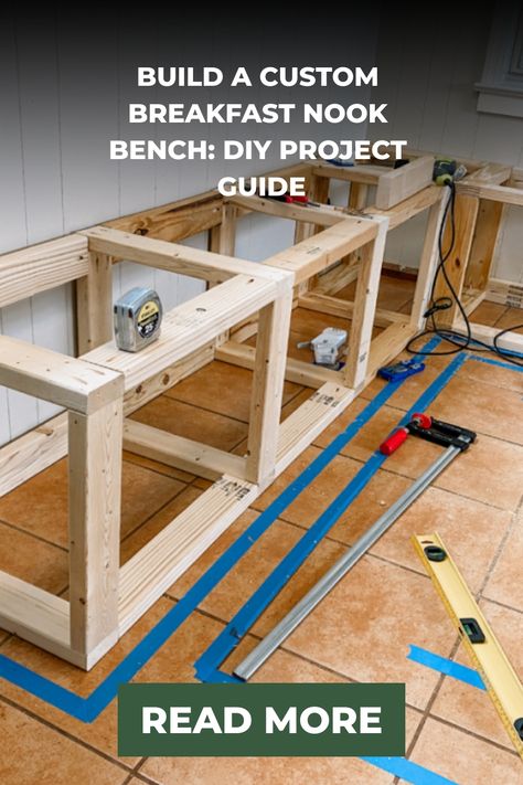 Build a custom breakfast nook bench frame in a DIY home project setup. How To Build A Corner Breakfast Nook, Diy Kitchen Nook Bench Corner, Built In Bench Breakfast Nook, Breakfast Nook Benches, Diy Kitchen Bench With Storage, Nook Bench Diy, How To Build A Breakfast Nook, Banquette Bench Diy, How To Build A Banquette Bench