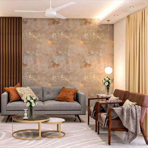 Grey And Gold Living Room Design - Livspace Drawing Room Wall Design, Cladding Ideas, Minimalist Bedrooms, Modern Hall, Drawing Room Design, Best Kitchen Design, Wooden Panelling, Furnitur Ruang Keluarga, Drawing Room Interior Design