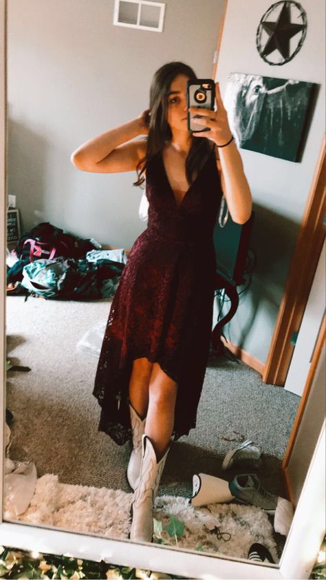 Grad Dresses With Cowboy Boots, Cute Country Dresses Prom, Cute Country Hoco Dresses, Prom Dresses To Wear With Cowboy Boots, Formal Cowgirl Dresses, Country Winter Formal Dresses, Western Dresses Wedding Guest, Homecoming Dresses With Cowgirl Boots, Homecoming Dresses Country Style